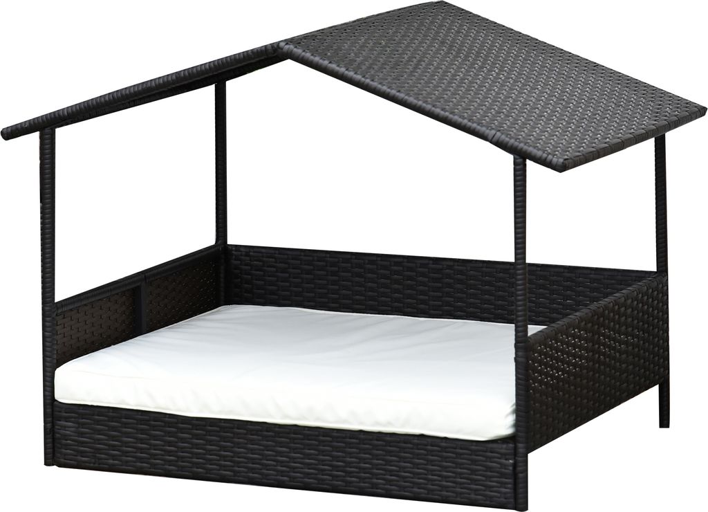 PawHut Rattan Hundehaus mit Kissen, Hundebett im Hausform, Outdoor Hundehütte, Stahlrahmen, Kunststoff, Kaffee-Braun, 69 x 98 x 70 cm