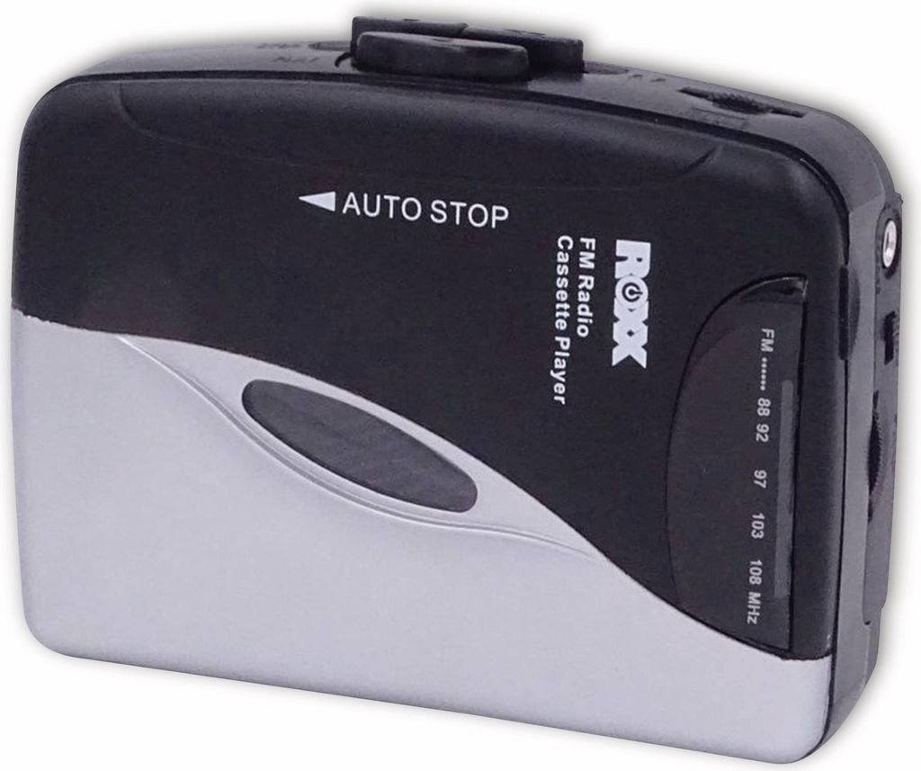 A black and silver portable cassette player with FM radio.