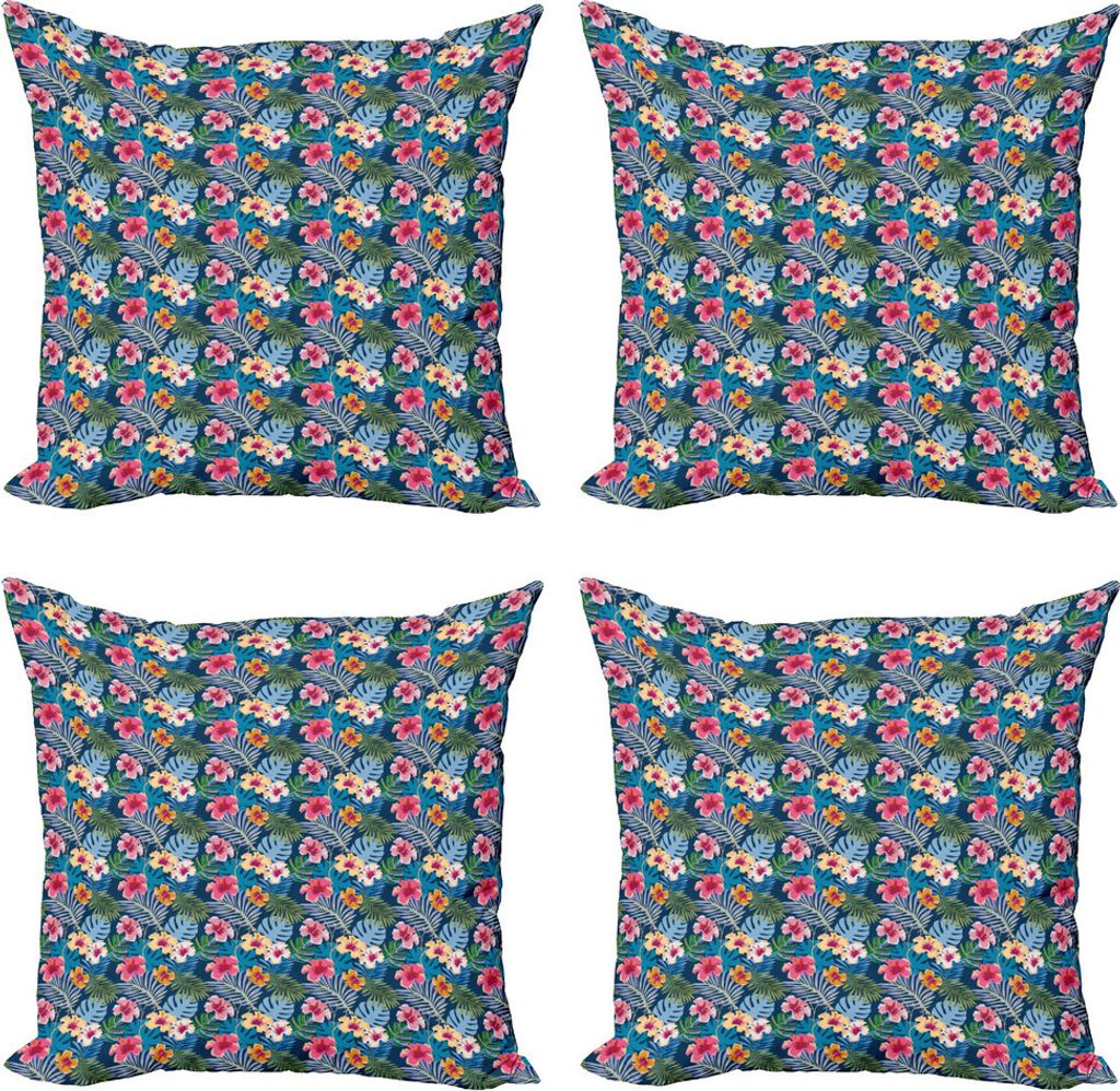 ABAKUHAUS Tropisch Kissenbezug Set (4 Stück), Bunte Blumenblütenblätter, Moderner Doppelseitiger Digitaldruck, 40 cm x 40 cm, Nachtblau Multicolor