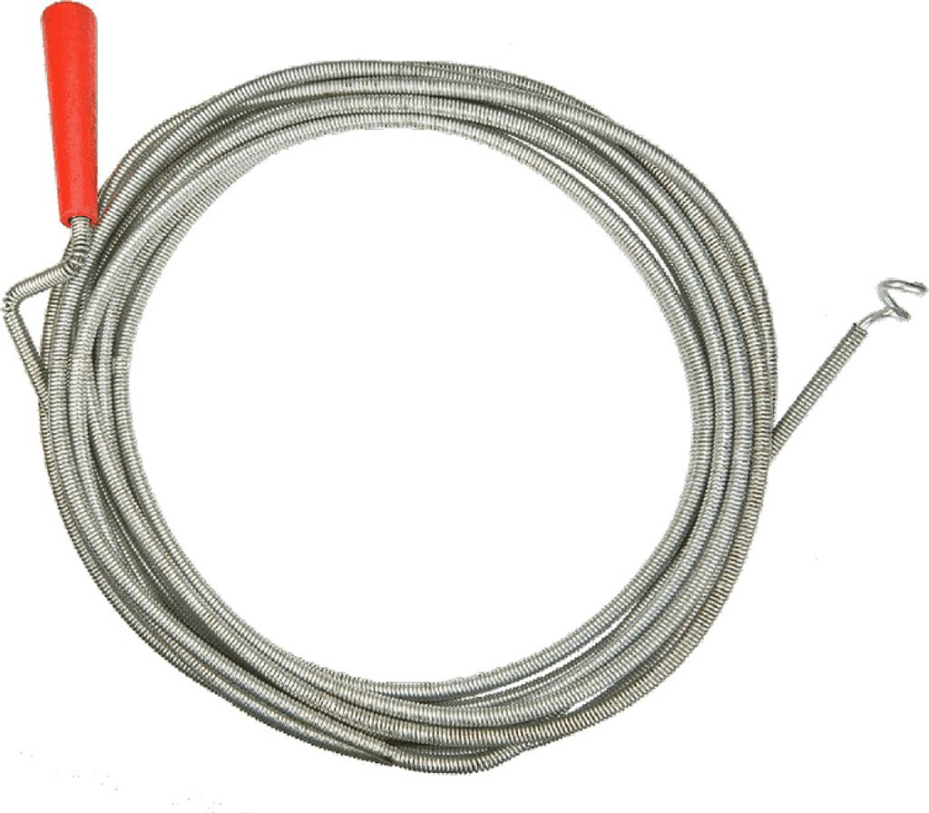 A coiled drain snake with a red handle against a white background.
