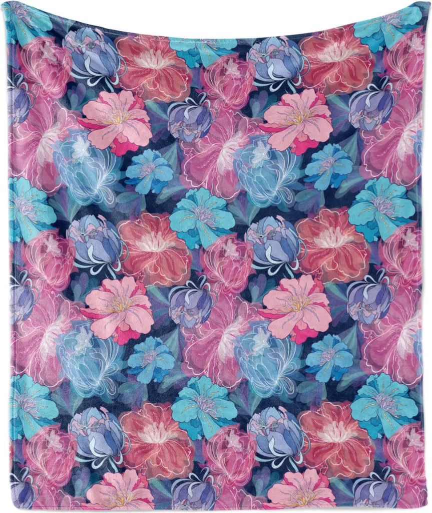 ABAKUHAUS Coperta in morbido pile di flanella naturale, motivi floreali colorati, illustrazione floreale con effetto acquerello, 175 x 230 cm, azzurro pallido, fucsia pallido