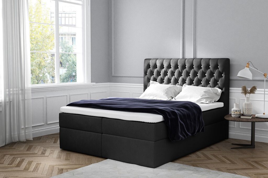 Elegantes Polsterbett mit Aufbewahrung Mandy schwarz 180 x 200 + Gratis-Topper