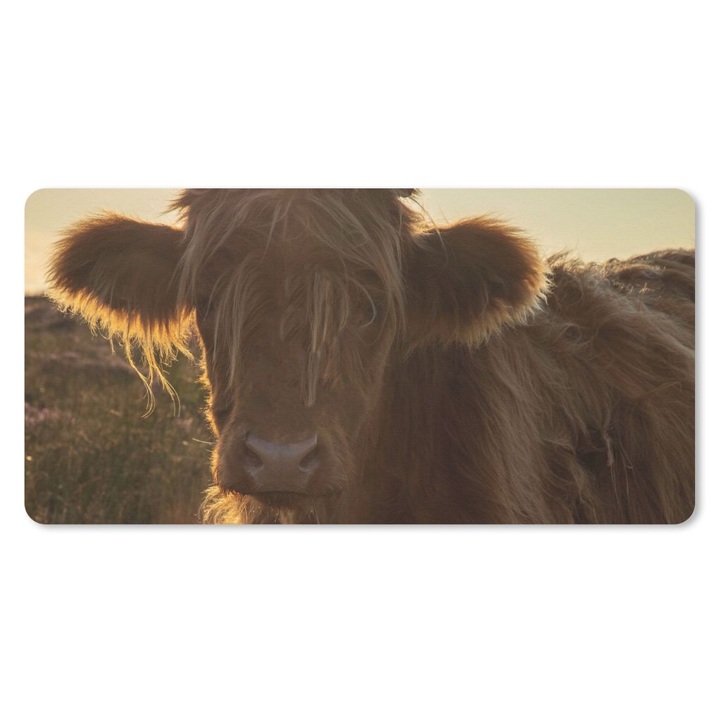 MuchoWow Schreibtischunterlage Schottischer Highlander - Sonnenuntergang - Gras 80x40 cm - XXL Mauspad - Gaming Mauspad