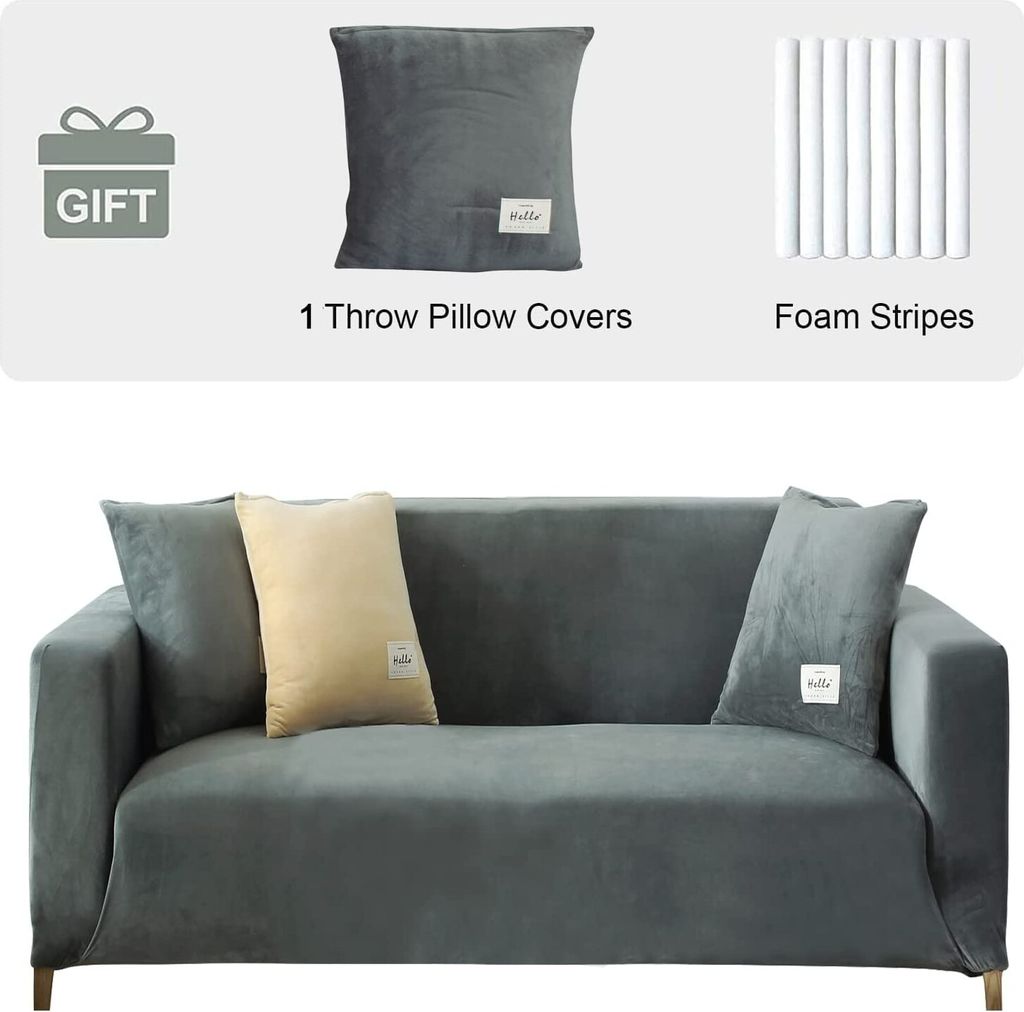 Samt Sofabezug 2 Sitzer- Weich Stretch Couchbezug rutschfester Sofaschutz Sofahusse Plüsch Sofa Schonbezüge mit 1 Kissenbezug für Wohnzimmer,Hel...