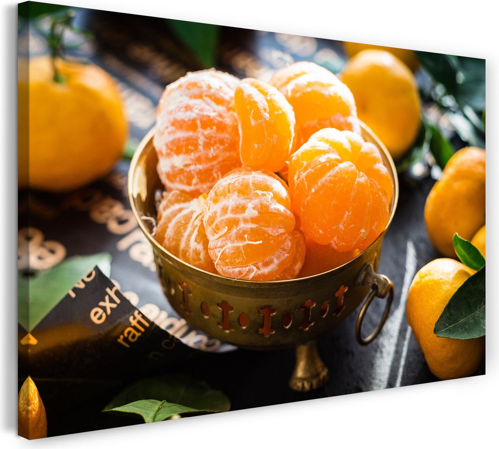 Leinwandbild (120x80cm): Wanbild Essensbilder Mandarinen in Messing-Schale, echter Holz-Keilrahmen inkl. Aufhänger, handgefertigt in Deutschland