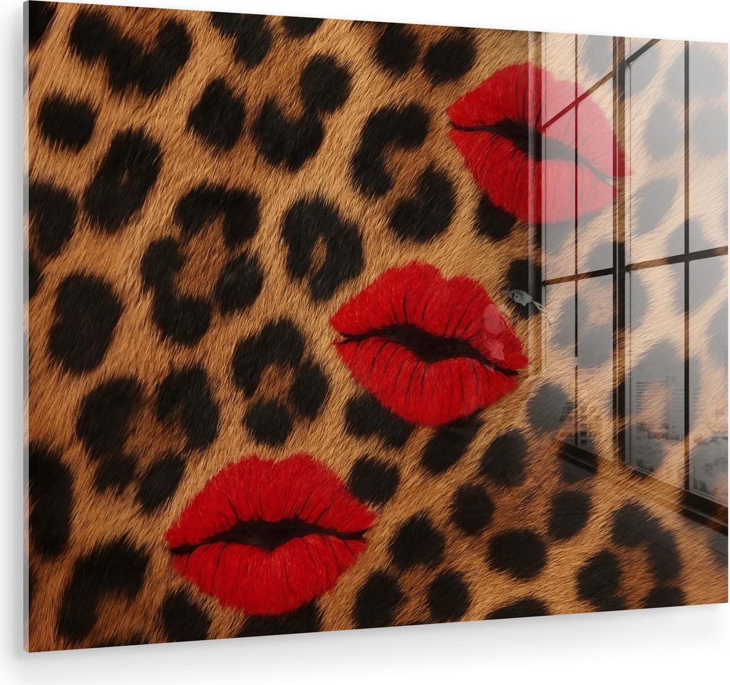 MuchoWow Glasbilder - Bilder auf Wandbild - Foto auf Glas Lippen - Drei - Rot - Pantherdruck 40x30 cm Wanddekoration aus Glas - Acrylglasbild - Acr...