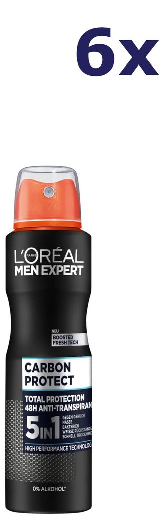 6x L'Oreal Men Expert Deodorant Spray 150ml Carbon