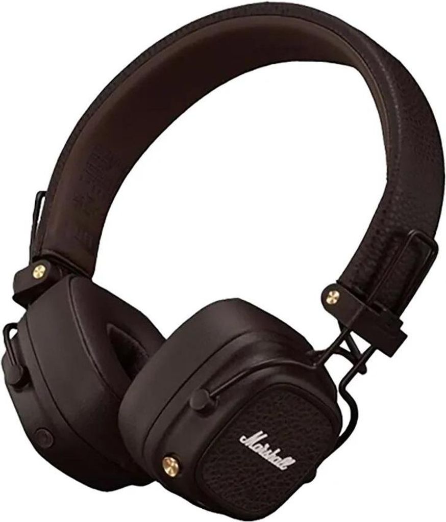 A studio shot of a pair of brown Marshall headphones.