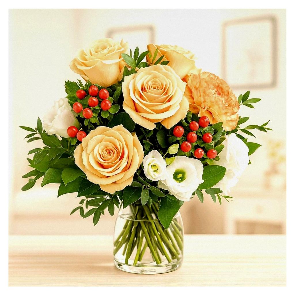 Blumenstrauß in Cremetönen mit Rosen, Nelken, Lisianthus und Hyperikum - Inklusive Grußkarte