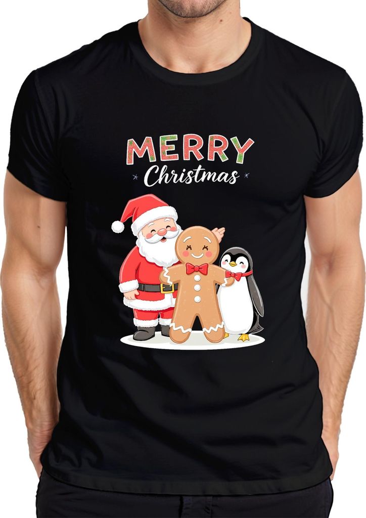 Merry Christmas Weihnachtsmann Lebkuchenmann Pinguin Weihnachten Herren T-Shirt, Schwarz, M