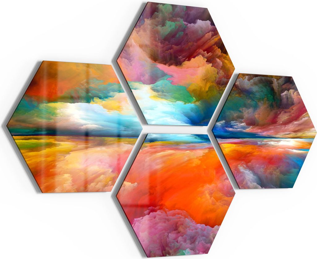 DEQORI Glasbilder 4-tlg 100x70 cm 'Gespiegelte Farbwolken' Wandbilder XXL groß