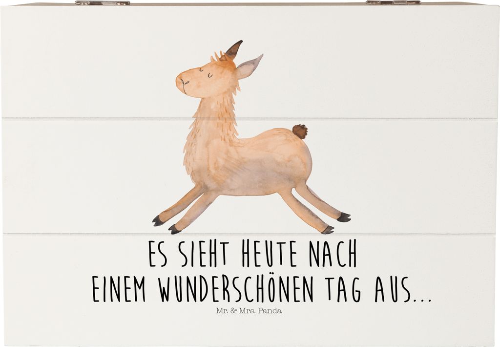 Mr. & Mrs. Panda Holzkiste Lama Springen 22 x 15 cm - Weiß - Geschenk, Glück, Holzbox, mit Deckel, Schatzkiste, fotobox, Neustart, Guten Morgen, ...