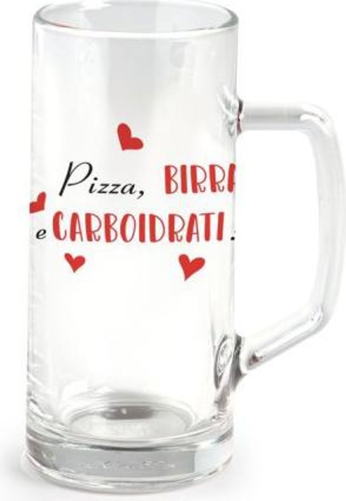 40-cl-Bierglas mit Henkel und der Aufschrift „Pizza, Bier und Kohlenhydrate“