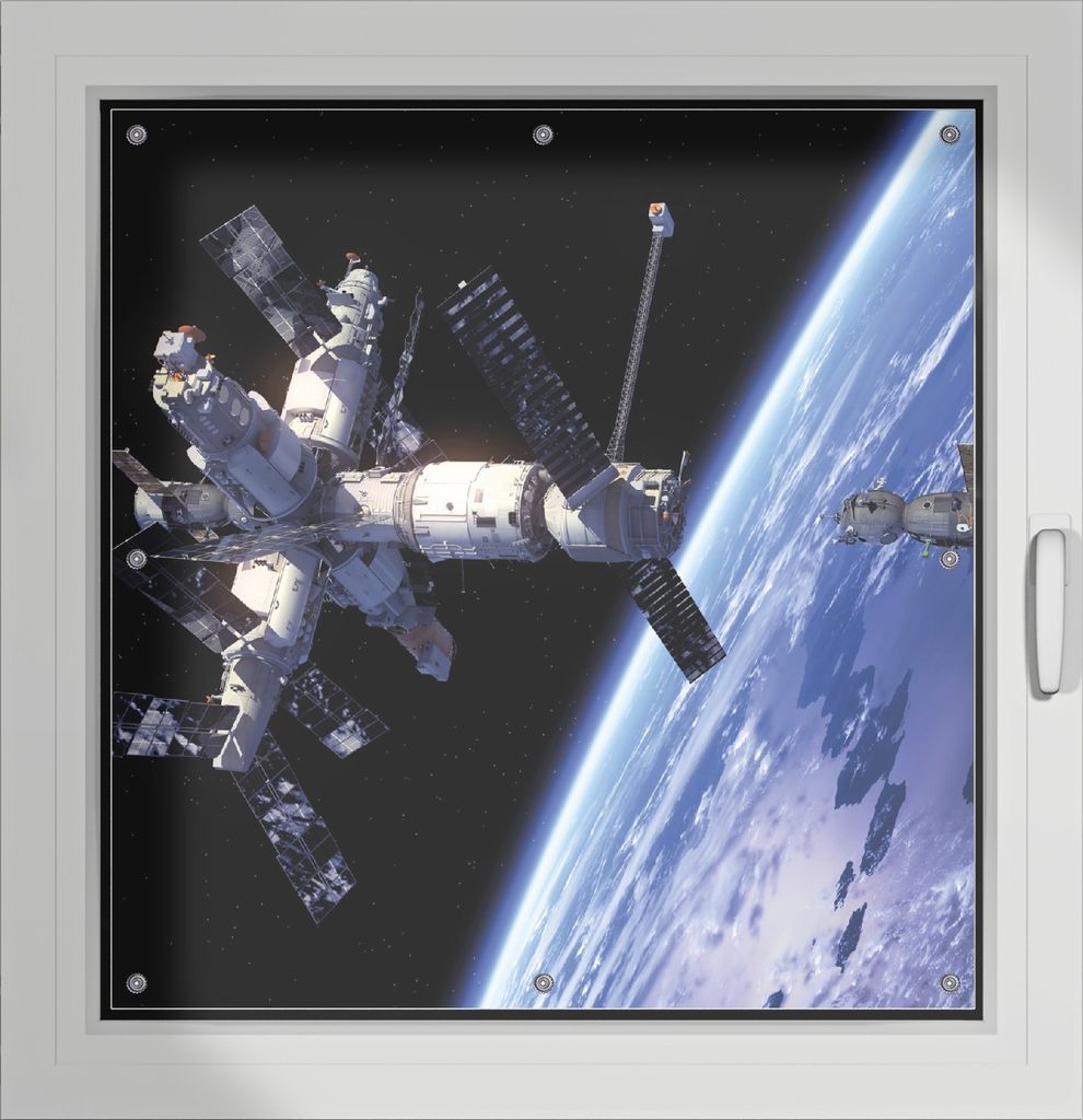 Wallario Lichtschutzbild, Dekorativer Sichtschutz Sonnenschutz 96 x 100 cm mit Motiv: Raumfahrt - Raumstation und Raumschiff im Weltall - Verdunklu...
