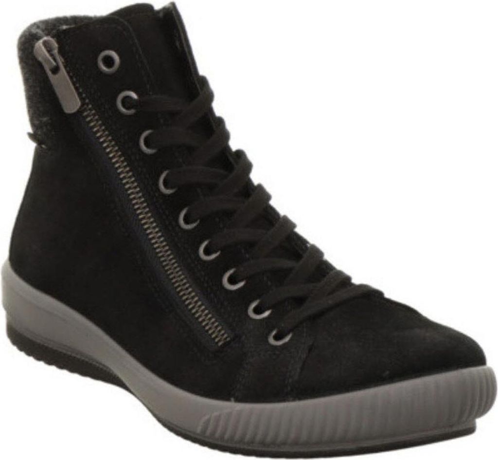 A single black high-top sneaker with a gray sole is shown against a white background.