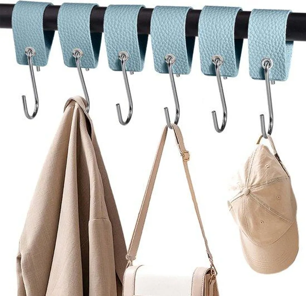 Lot de 6 crochets penderie acier inoxydable et cuir bleu ciel élégant