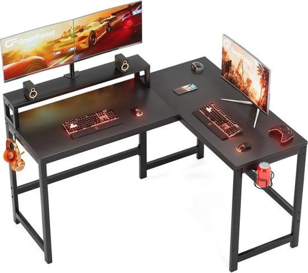 Bureau d'angle gamer 128 cm avec support casque et porte-gobelet noir