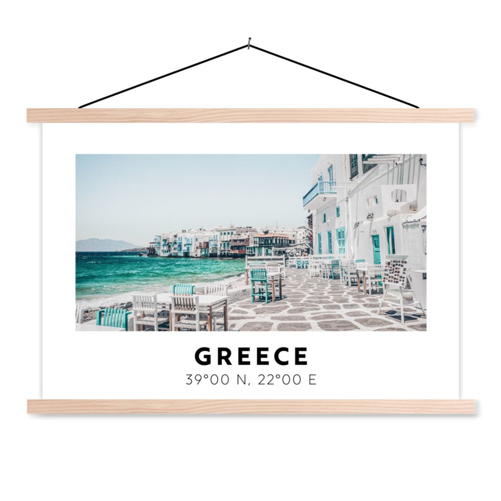 MuchoWow Textilposter Griechenland - Blau - Meer - Stühle 120x80 cm mit holzfarbenen Rahmen - Aufhängeset