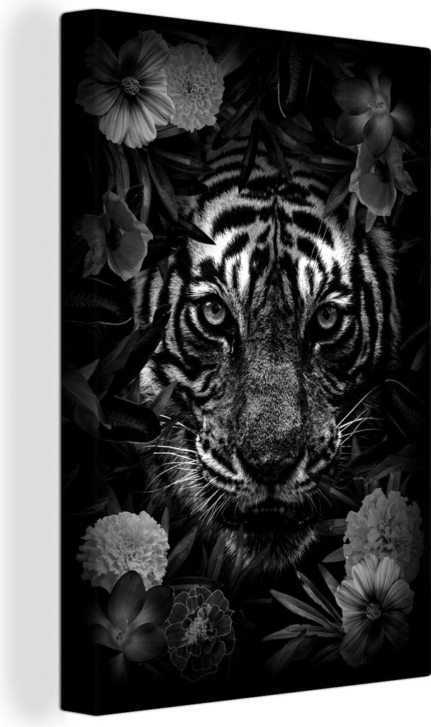 OneMillionCanvasses - Leinwandbilder - 90x140 cm, Tiger zwischen den Blumen - schwarz und weiß, Wandbilder Kunstdruck Wanddekoration - Wandschmu...