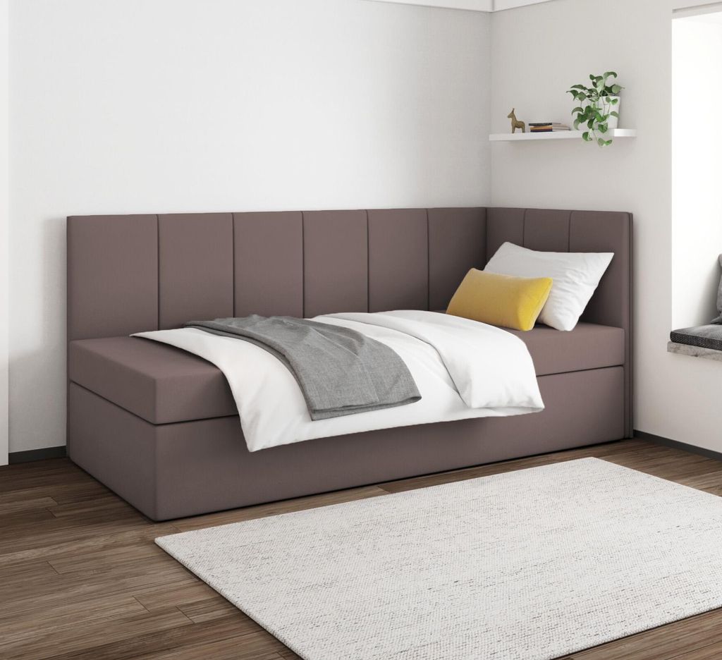 Boxspringbett MILA 90x200 cm, T25 Topper, Kinderbett, Jugendbett, Einzelbetten, Bett, Stauraum Polsterbett, Matratze H3, RECHTS (Braun - Itaka 20)