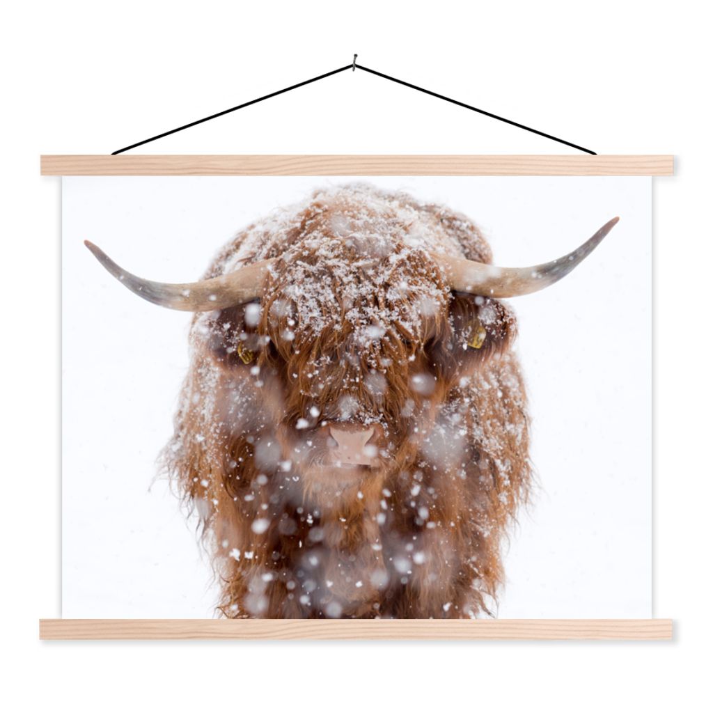 MuchoWow Textilposter Schottischer Highlander - Hörner - Schnee 60x45 cm mit holzfarbenen Rahmen - Bild