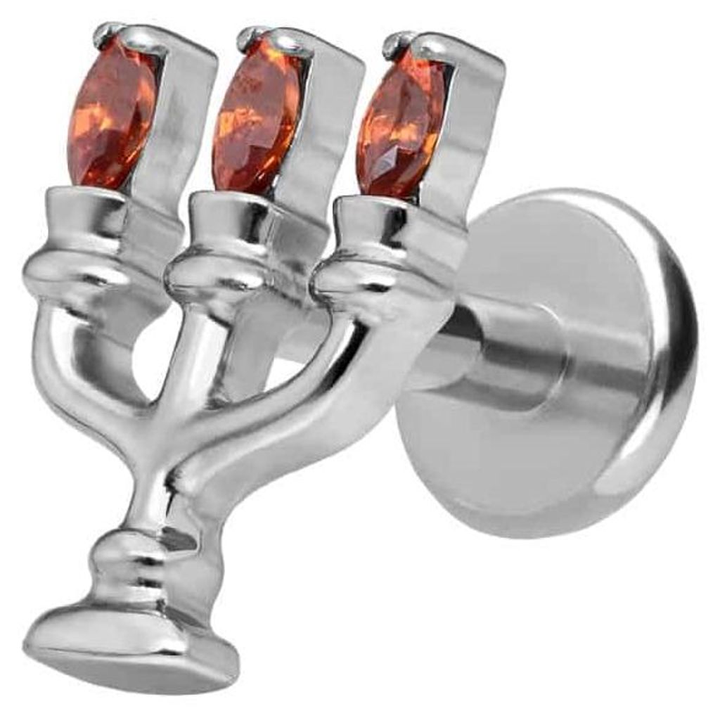 Ohrpiercing, Nasenpiercing Titan Labret mit Push Fit KERZENLEUCHTER Silber Stablänge: 6mm | Stabstärke: 1,2mm