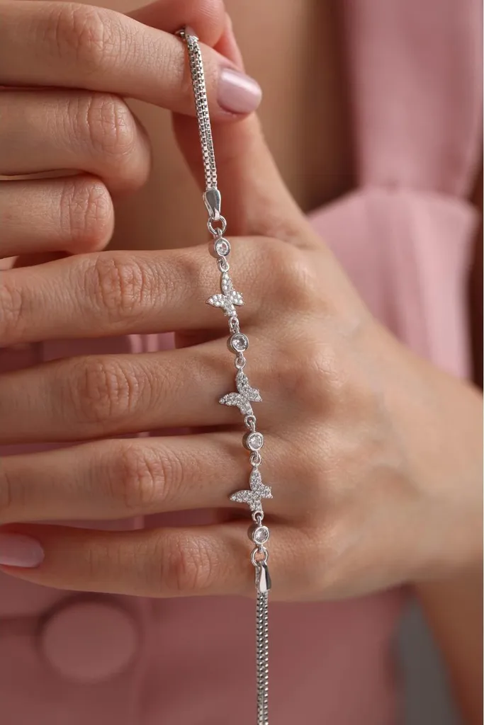 Bracelet papillon argent 925 et trois oxydes de zirconium brillants