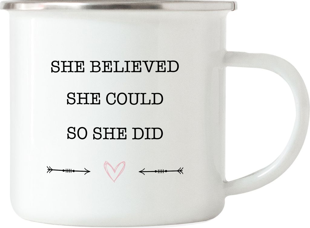 Emaille Tasse She Believed She Could So She Did Spruch Geschenk für Superheldin Frauenpower Frauentag Feminismus