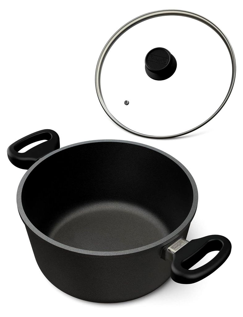 Große Aluguss-Schmorkasserolle Induktion Ø 28 cm, 6 Liter, 11 cm Innenhöhe, Germany, Antihaftbeschichtung, Kasserolle mit Glasdeckel