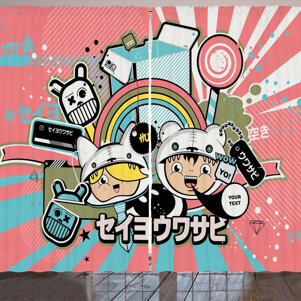 ARANDE urban Graffiti Gardine, Anime-themenorientierte asiatische Art-Karikatur-Zahl und Rede-Blase auf Strahln-Hintergrund, 280 x 225 cm, Mehrfarbig