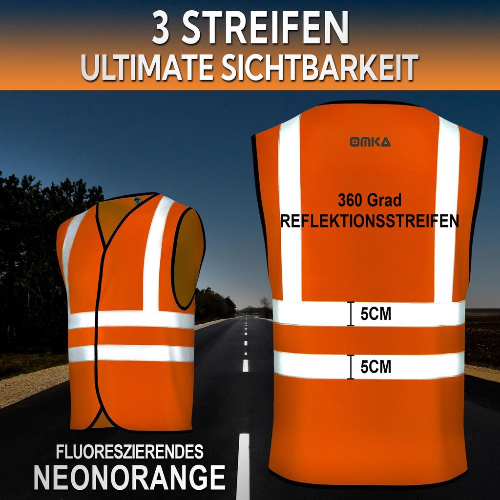 OMKA Warnwesten 5er Set – Reflektierende Sicherheitsweste Gültig in ganz Europa 2026 EN ISO 20471, Farbe:Neon Orange, Größe:XL