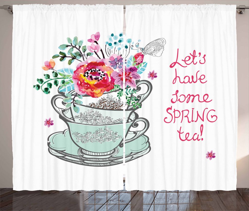 ABAKUHAUS Tee Rustikaler Vorhang, "Lass uns einen Frühlingstee-Text haben", Wohnzimmer Universalband Gardinen mit Schlaufen und Haken, 280 x 225 c...