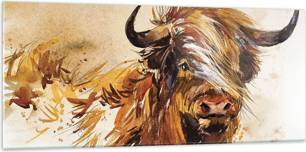 Bilder auf glas - Einteilig - Stier Scotch Aquarell - 120x50cm - Glasbilder - Wandbilder - Bilder - zum Aufhängen bereit - Wanddekoration aus Glas...