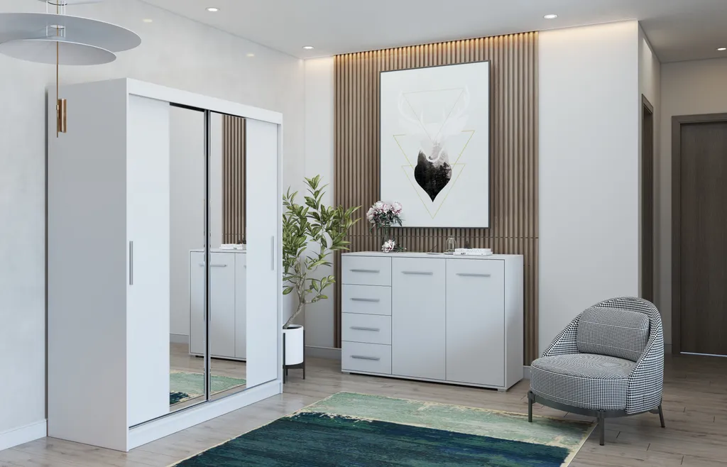 Duo armoires Vista 01 blanches 150cm miroirs et commode Frida 135cm