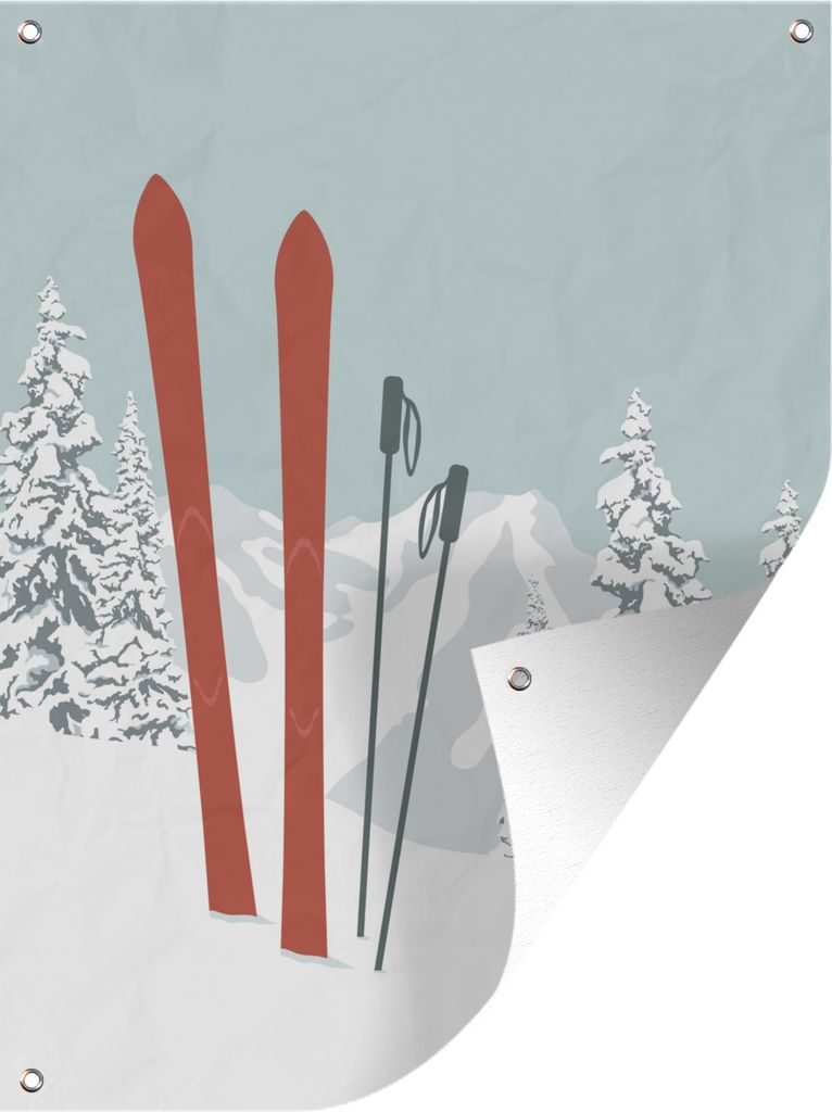 MuchoWow 60x80 cm Outdoor-Poster Gartendeko Sichtschutz Garten Poster für den Garten Zwei Skier und Skistöcke stehen im Schnee einer Illustration