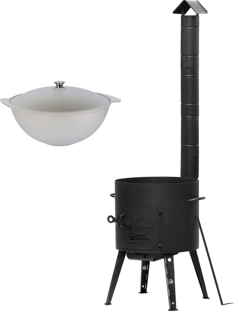 SET Feuerofen Ø40cm Uchag Utschak mit Abzugsrohr + Kazan Wok Asien Tatarskij mit Deckel Aluguss 12 L