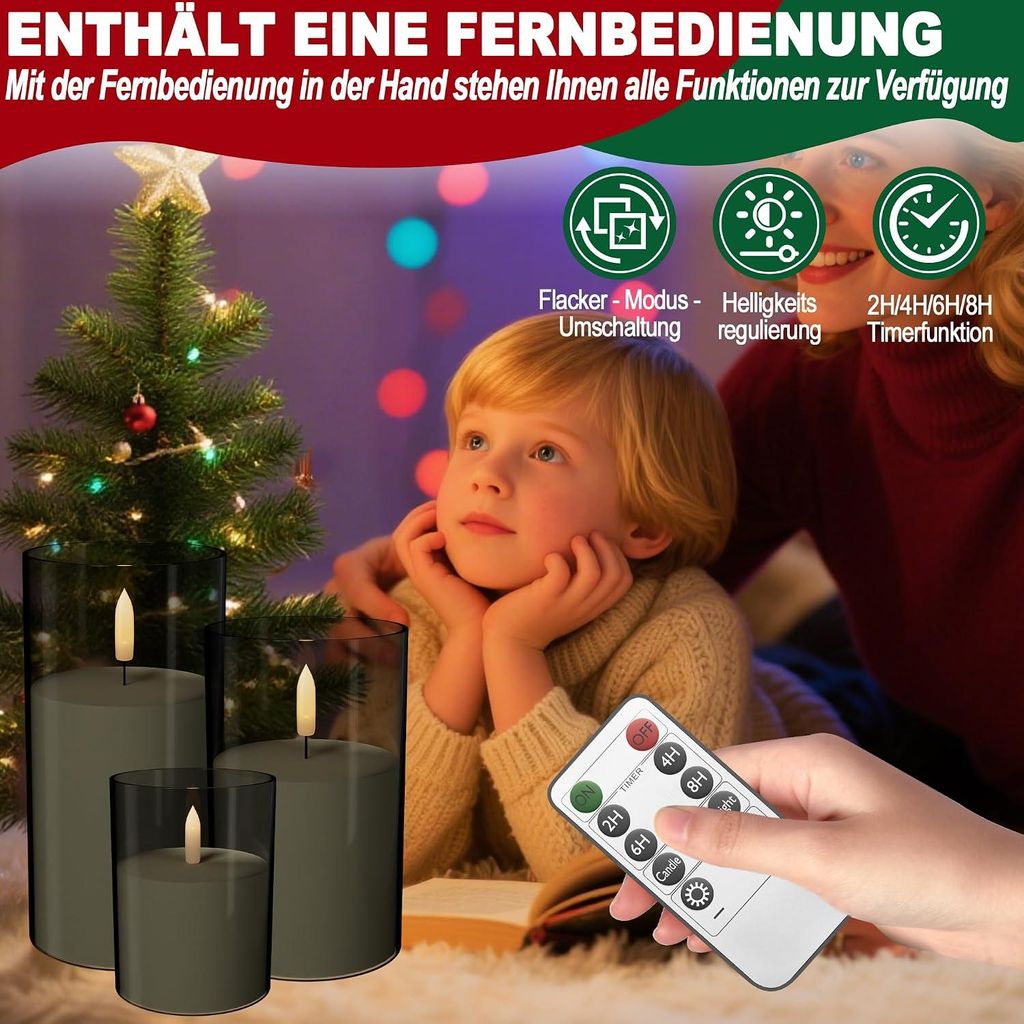 LARS360 3er Set LED-Kerzen mit Fernbedienung, flackernde