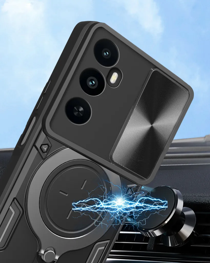 DESSEN Cover per Realme C35 4G, Custodia Morbida in Silicone TPU/PC e Obiettivo Case, Antiurto Guscio con Magnetico Anello Rotante Supporto Bumper. Nero