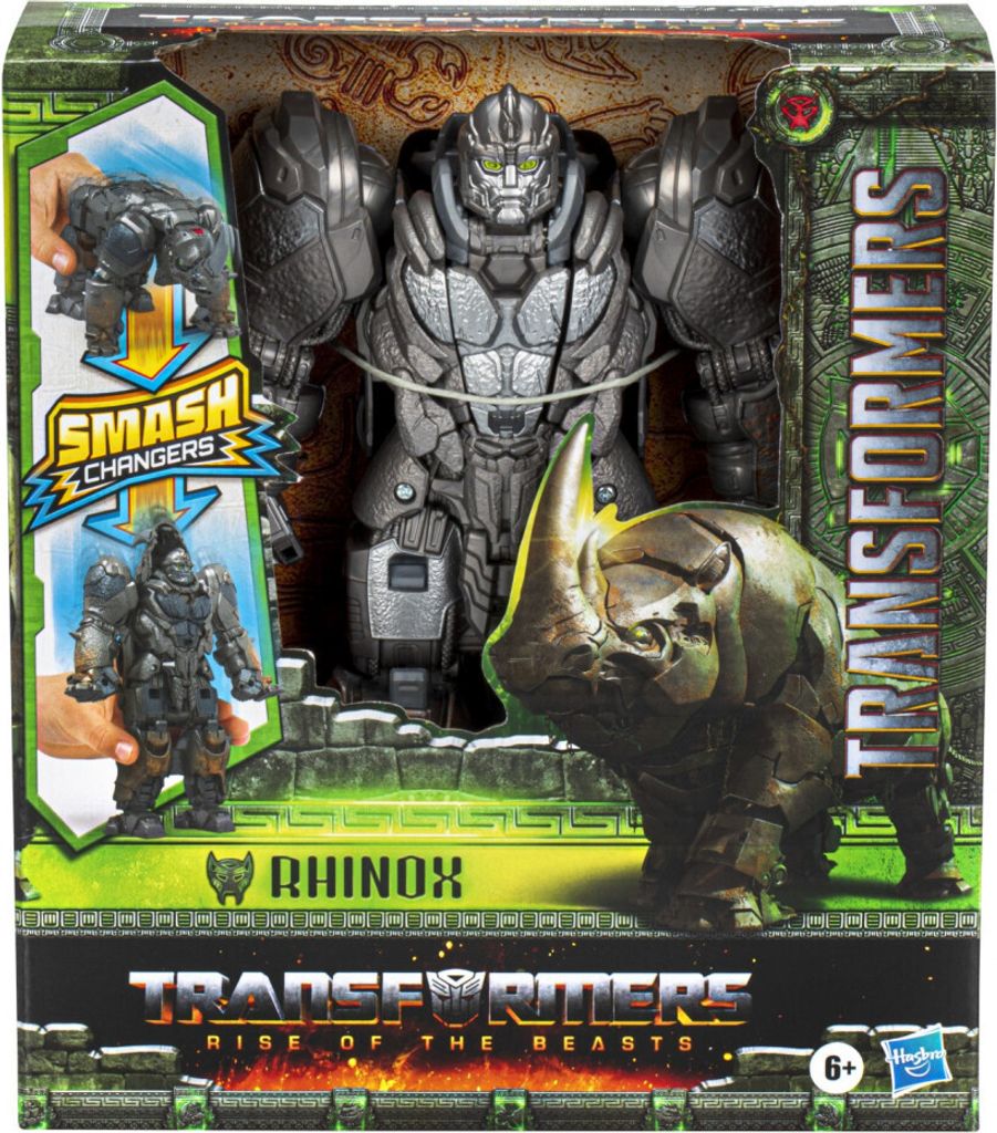 The image shows the packaging of a Transformers Rhinox action figure from the 'Rise of the Beasts' movie.