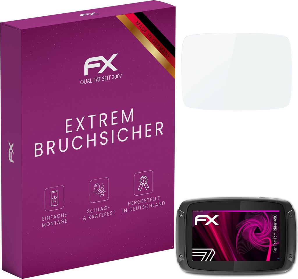 atFoliX FX-Hybrid-Glass Displayfolie kompatibel mit TomTom Rider 450 Glasfolie