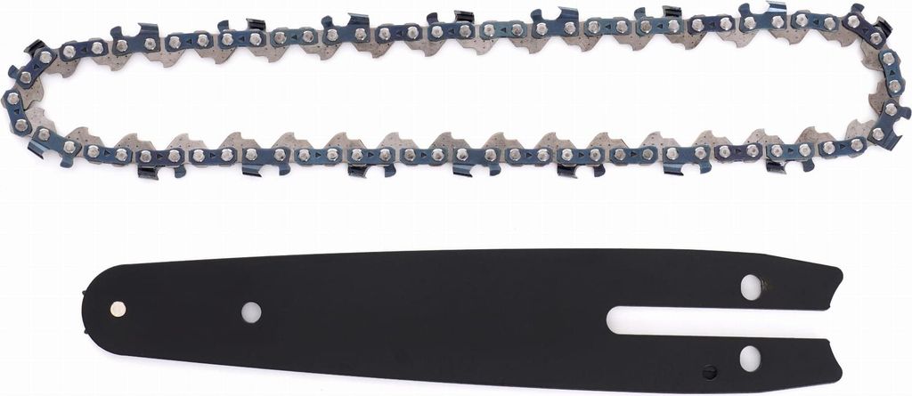 A chainsaw chain and guide bar are laid out on a white background.