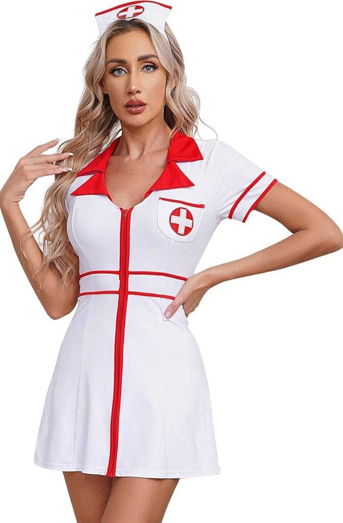 y Krankenschwester Kostüm für Damen Gr. XL – Mini Kleid Slim Fit mit Mütze, Kurzarmig Babydoll Design für Karneval Party Halloween Fasching