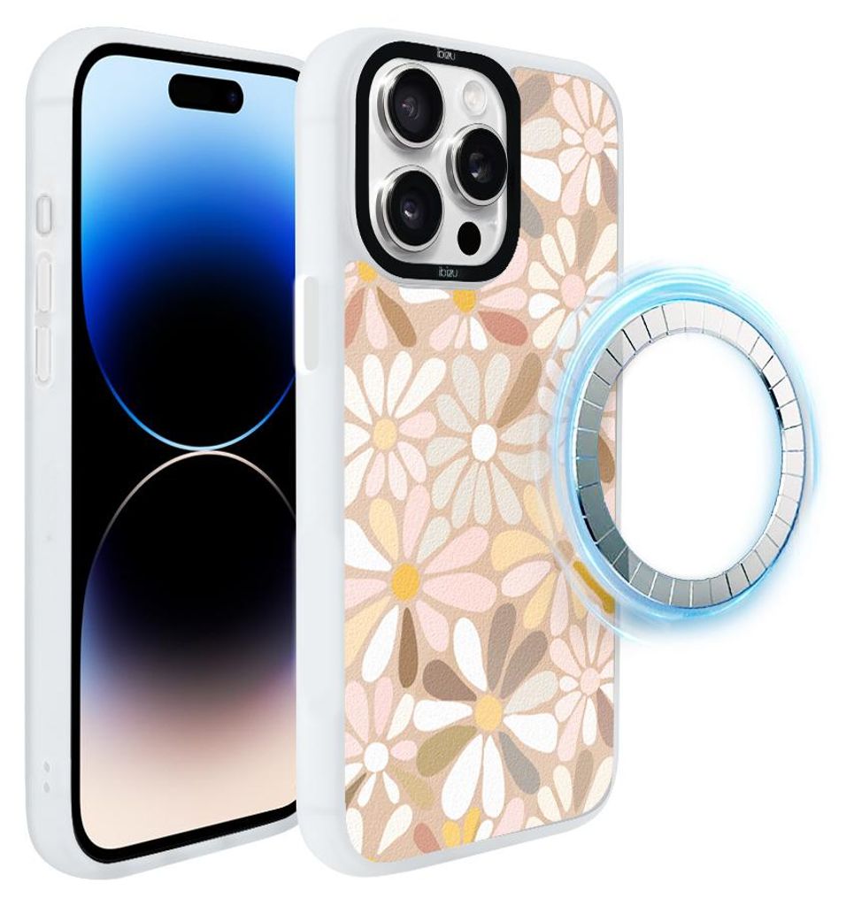 Schutzhülle für das iPhone 14 Pro Max, MagSafe-kompatibel, mattweiße Seiten, Blumen, Vintage, im Boho-Stil