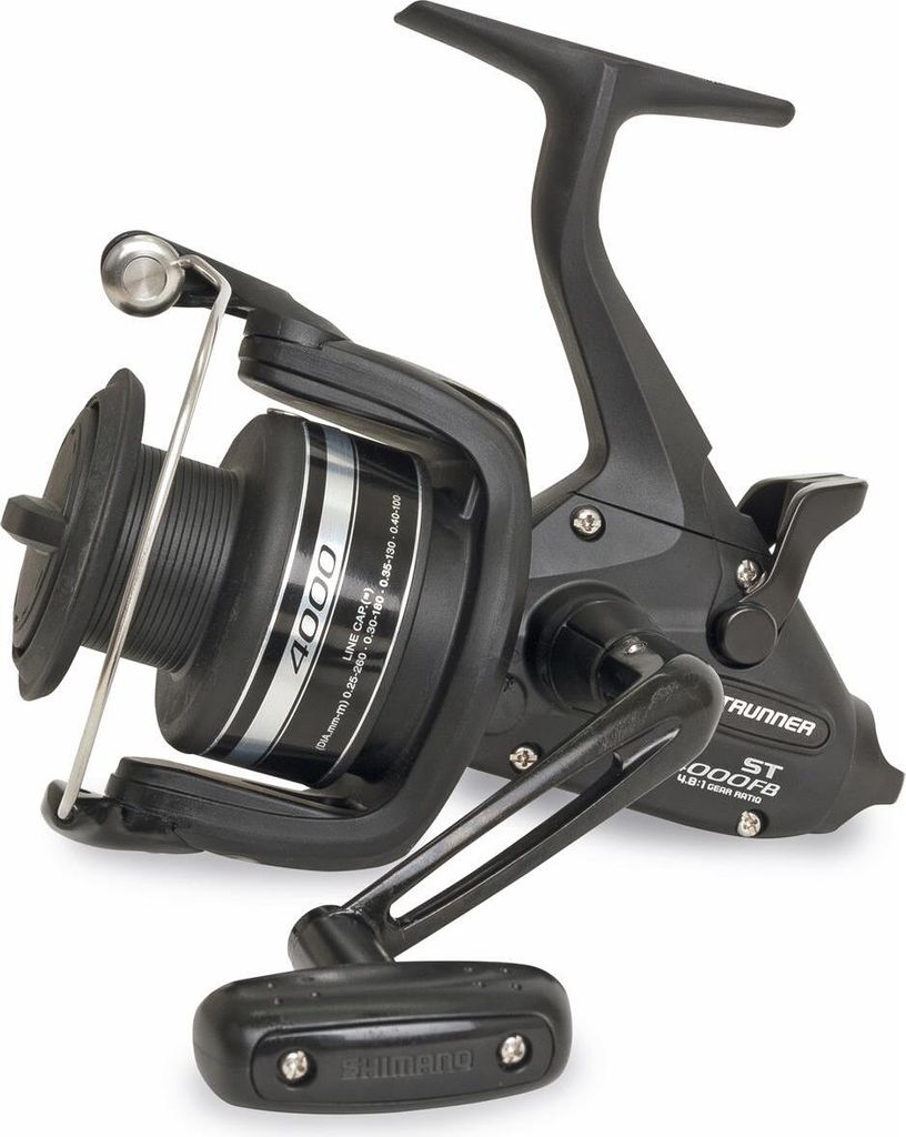 A black fishing reel is shown against a white background.