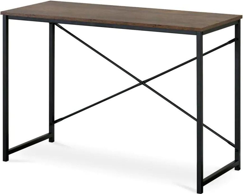 A desk with a brown wood-effect top and black metal legs, shown against a white background.