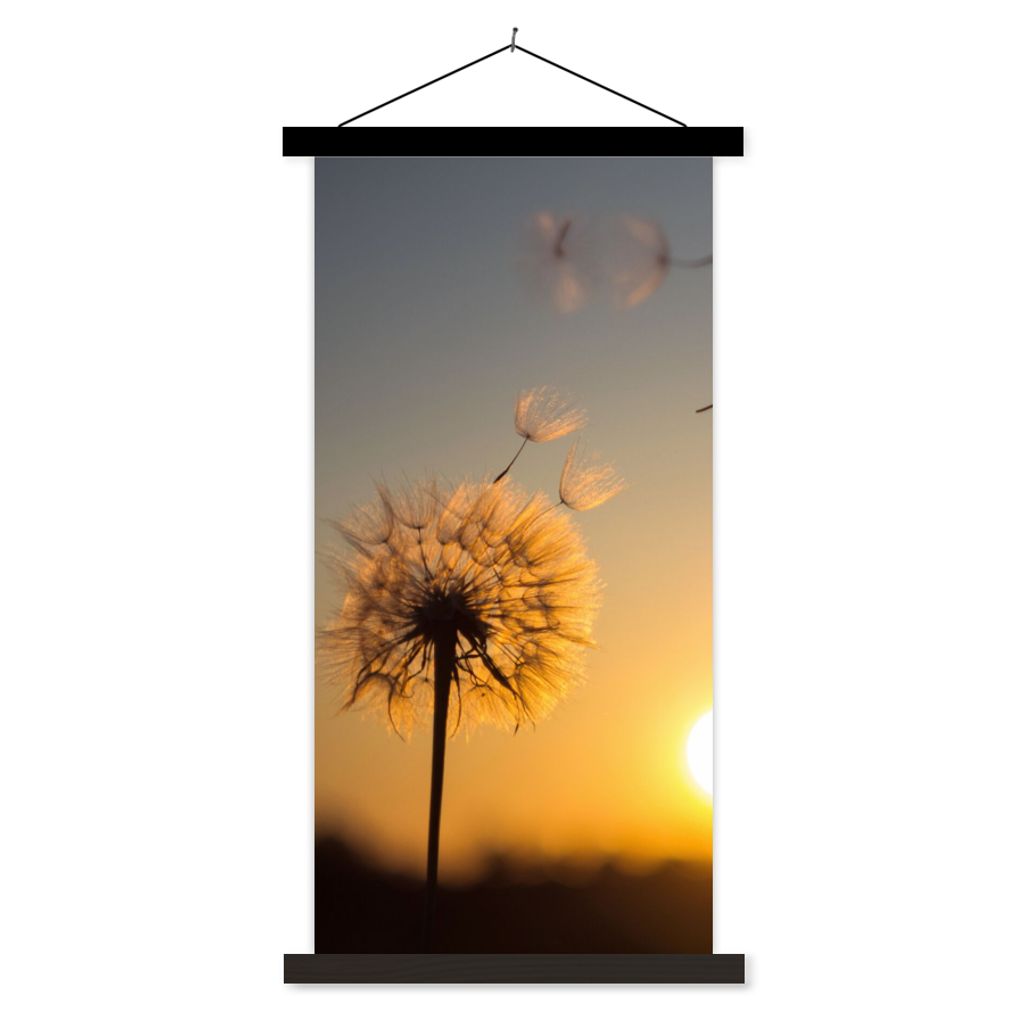 MuchoWow Textilposter Löwenzahn - Sonne - Sonnenuntergang 90x180 cm mit schwarzem Rahmen - Dekoration Wohnzimmer