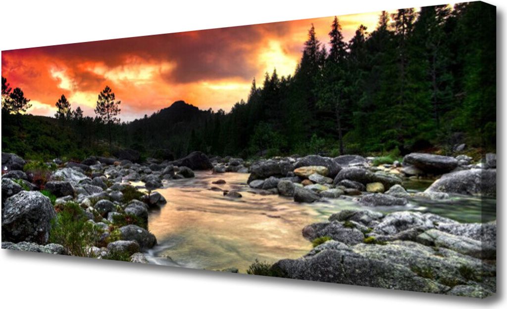 Tulup Leinwand-Bilder 125x50 Wandbild Canvas Kunstdruck See Steine Wald Natur