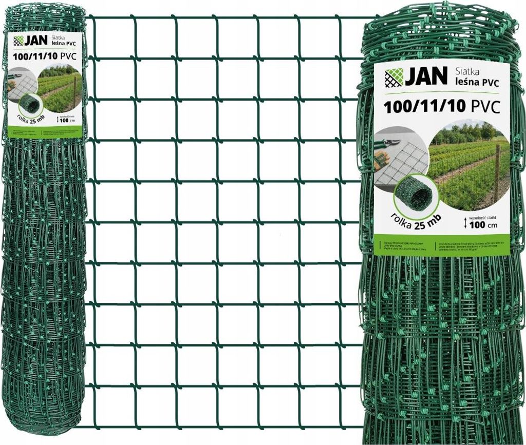 Forstzaun - 100/11/10 – 100 cm Höhe – 25 m Rolle – Grün – Verzinkt + PVC Beschichtet – Knotengeflecht Wildzaun 10 x 10 cm – 80 g/m²