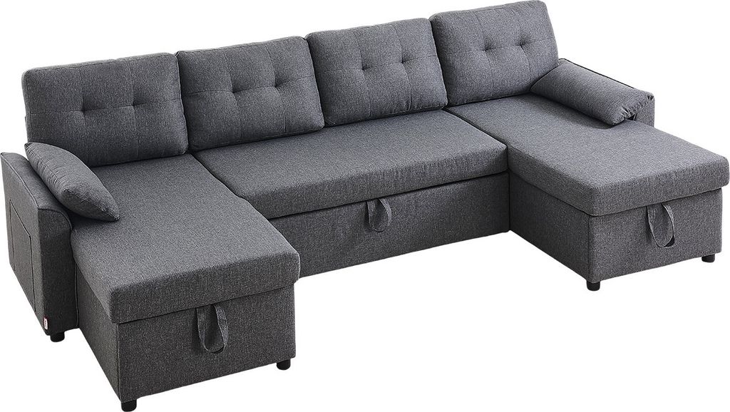 VEVOR U-förmiges Schlafsofa, umwandelbares Bettsofa mit 2 Seitentaschen & 2 Kissen & Doppel-Chaiselongue, Ausziehschlafcouch für 6-Sitzer mit vie...