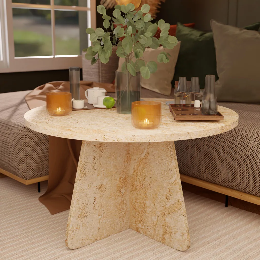 Table basse 58x58 cm aspect travertin beige structure MDF robuste salon - 8